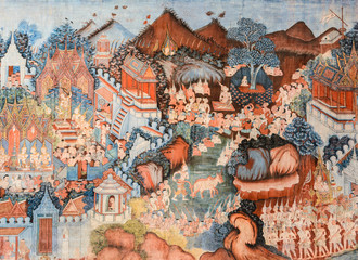 Ancient Buddhist temple mural painting of the life of Buddha in Thailand