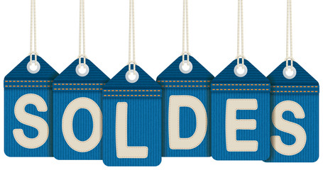 Sale tags in French. Six labels textured denim. Each label has a letter of the word SOLDES (sales in French).