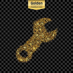 Gold glitter vector icon of spanner isolated on background. Art creative concept illustration for web, glow light confetti, bright sequins, sparkle tinsel, abstract bling, shimmer dust, foil.