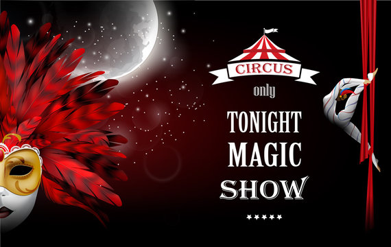 Circus, carnival or funfair poster with mask and acrobatic girl.