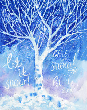 watercolor art of winter cold, birch tree and snow