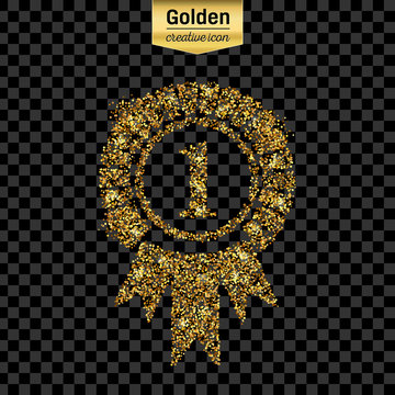 Gold glitter vector icon of trophy medal isolated on background. Art creative concept illustration for web, glow light confetti, bright sequins, sparkle tinsel, abstract bling, shimmer dust, foil.