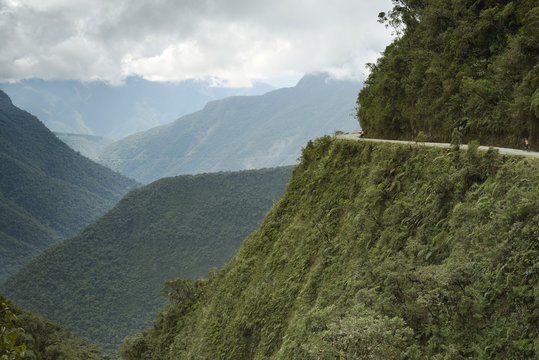Cyclists riding on the Death Road - the most dangerous road in the world, Bolivia