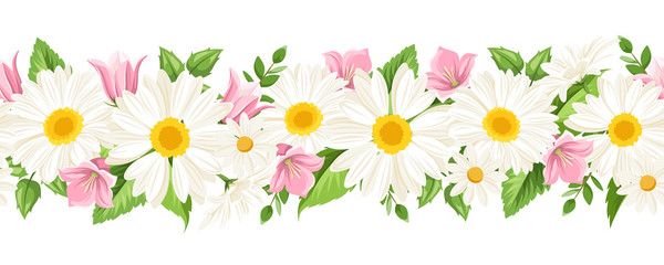 Naklejka na ściany i meble Vector horizontal seamless background with white daisies and pink harebell flowers.