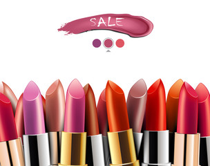 Set of colorful lipsticks on white background. Sale poster.