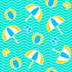 Summer seamless pattern with parasol, ball, flip-flops. Vector illustration