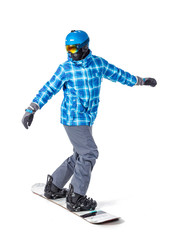 Portrait of young man in sportswear with snowboard isolated on a white background.