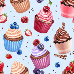 Cupcakes illustration. Seamless pattern