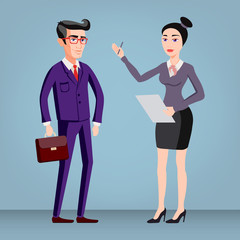 full length picture of a young business man and woman walking forward with a briefcase isolated on cool background vector