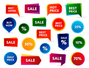 Big set of colorful sale banners in different shapes.