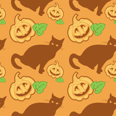 Seamless pattern with Halloween pumpkins and evil cat. Vector clip art.