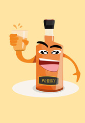 vector illustration cartoon of bottle holding up a glass of whisky alcohol