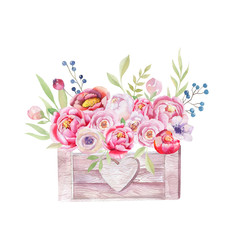 Watercolor flowers wooden box. Hand-drawn chic vintage garden ru