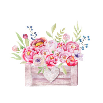 recommend clip art: Watercolor flowers wooden box. Hand-drawn chic vintage garden ru