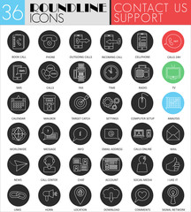 Vector contact us circle white black icon set. Modern line black support icon design for web.