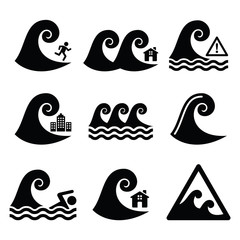 Fototapeta premium Tsunami, big wave warning, neutral disaster icons set 
