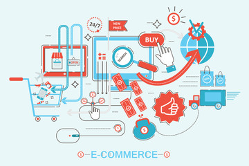 Fototapeta na wymiar Modern graphic design style concept of online shopping, e-commerce online sales, digital marketing. Promo flat line color web Banner illustration.
