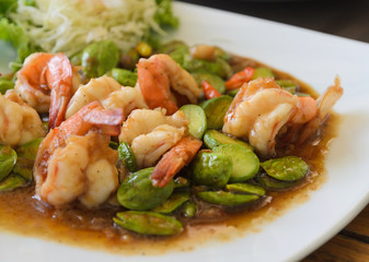Shrimp stir-fried with stink beans, Thai cuisine