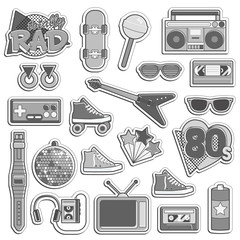 Collection of vintage retro 1980s style items that symbolize the 80s decade fashion accessories, style attributes, leisure items and innovations.
