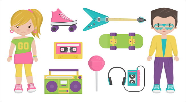 Collection of vintage retro 1980s style boy and girl characters and items that symbolize the 80s decade fashion accessories, style attributes, leisure items and innovations.
