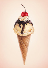 Watercolor illustration of ice cream and cherry