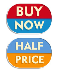 buy now and half price, two elliptical labels, vector
