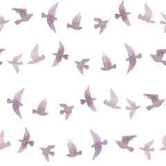 Cute repeat pattern with naive watercolor birds 