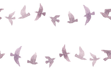 Cute seamless border with naive watercolor birds