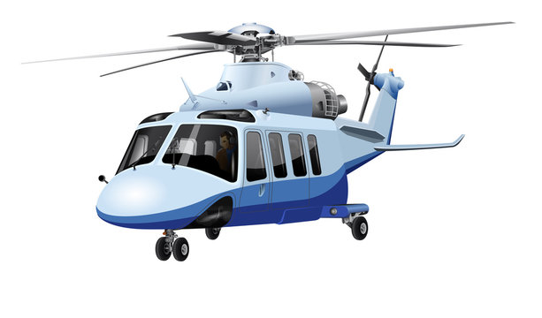 Color image of a helicopter (blue) on a white background. High-detail.