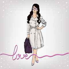 vector illustration of a woman in a retro style wearing a trench coat . copy space