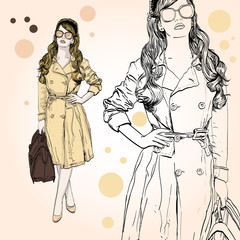 vector illustration of a woman in a retro style wearing a trench coat . copy space