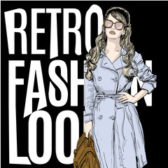 vector illustration of a woman in a retro style wearing a trench coat . copy space