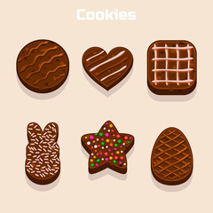 Chocolate cookies in different shapes set in vector