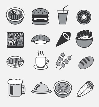 all food icon vector logo , udon , burger , soda drink , bento , doughnut , sushi , maki , donburi (Japanese rice bow), steak , coffee , barbecue , bread , beer , bean soup ,