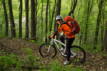 Fototapeta premium Biker on the forest road