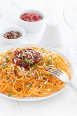 spaghetti with tomato sauce and parmesan cheese, vertical