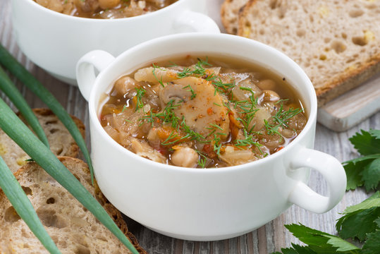 soup with cabbage and mushrooms, closeup