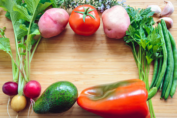 Top flat lay view of fresh organic vegetables