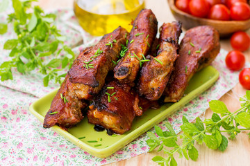 Barbecue country-style pork ribs in oven - obrazy, fototapety, plakaty