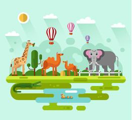Flat design vector illustration of animals in the Zoo, infographics concept. Elephant with apple, giraffe eating leaves of tree, Bactrian camel with colt, crocodile and family of bird in the pond.