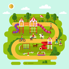Flat design vector summer landscape illustration of park with kids playground and equipment with swings, slides and tube, carousel. Cyclist, boy with kite, bench. Amusement park for children.