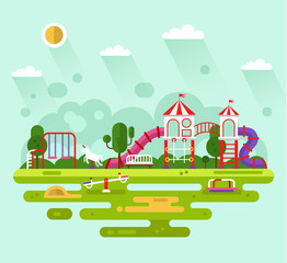 Flat design vector summer landscape illustration of park with kids playground and equipment with swings, slides and tube, carousel and other infographics elements. Amusement park for children.