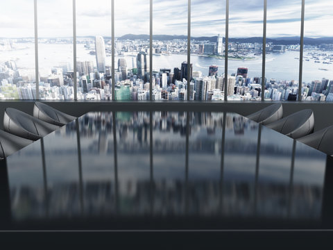 Boardroom table with city background. 3D illustration.