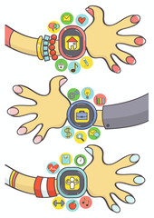 Colorful cartoon illustration of woman hand with smart watch with business, sport and lifestyle icons. Set of three smart watch illustrations with icons.