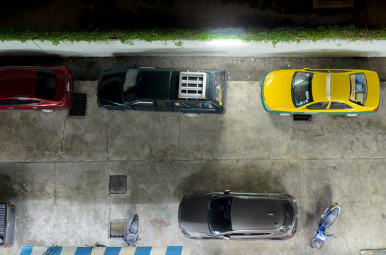 View from above car in night, Aerial view over the car