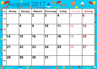 Kalender 2017 Monat August mit Feiertagen für Deutschland auf buntem Hintergrund mit sommerlichen Motiven