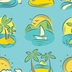 Fototapeta na wymiar Vector seamless pattern with tropical paradise islands and palms