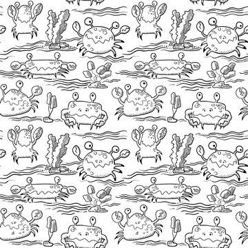 summer seamless pattern with crab and waves, black and white doodle vector illustration
