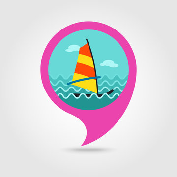 Board Windsurfing pin map icon. Summer. Vacation