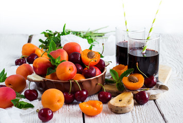 Ceramic bowl with organic ripe apricots and cherries